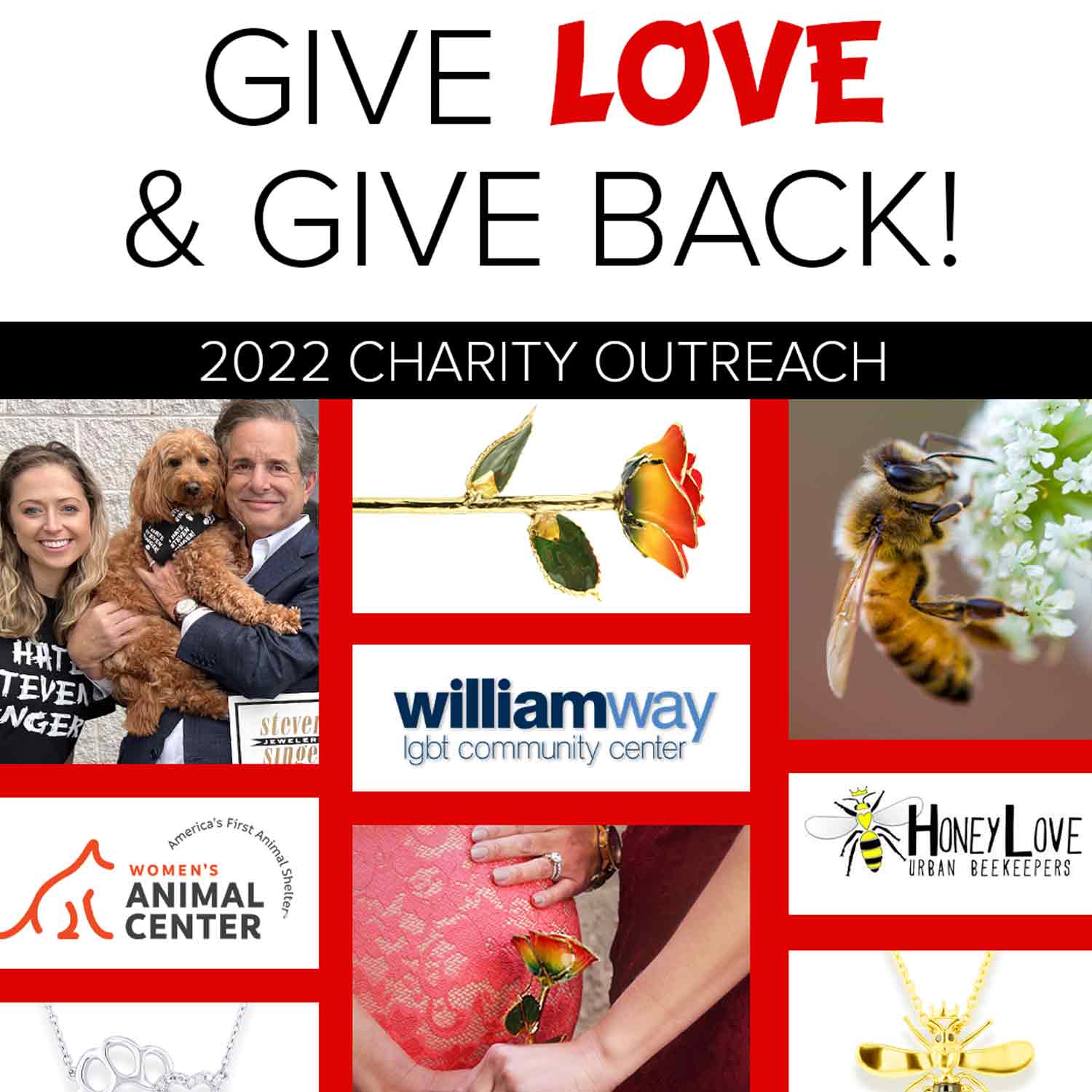 Our 2022 charity outreach featuring women's animal center, Williamway lgbt community center, and Honey Love.