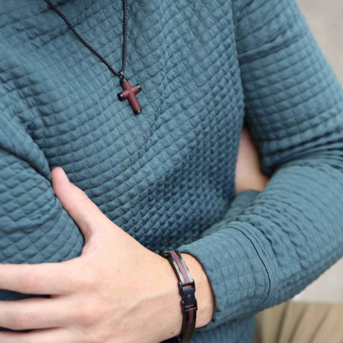 Calvary Stainless Steel and Wood Cross Necklace